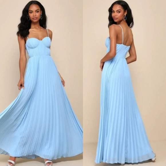 Lulus Admirable Elegance Light Blue Pleated Bustier Maxi Dress Wedding Party - Picture 1 of 10